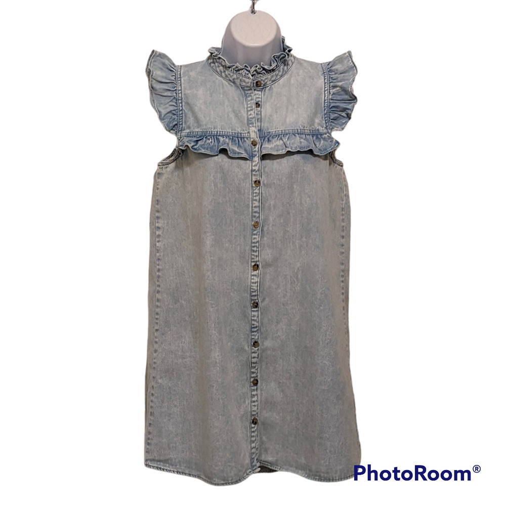 Denim Mini Dress/Tunic Sleeveless Ruffles 'Entro' Size S